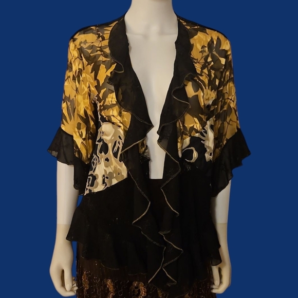 SPENCER ALEXIS Flowy Floral Ruffle Chiffon Witchy Goth Silk Blend Kimono - Picture 1 of 10